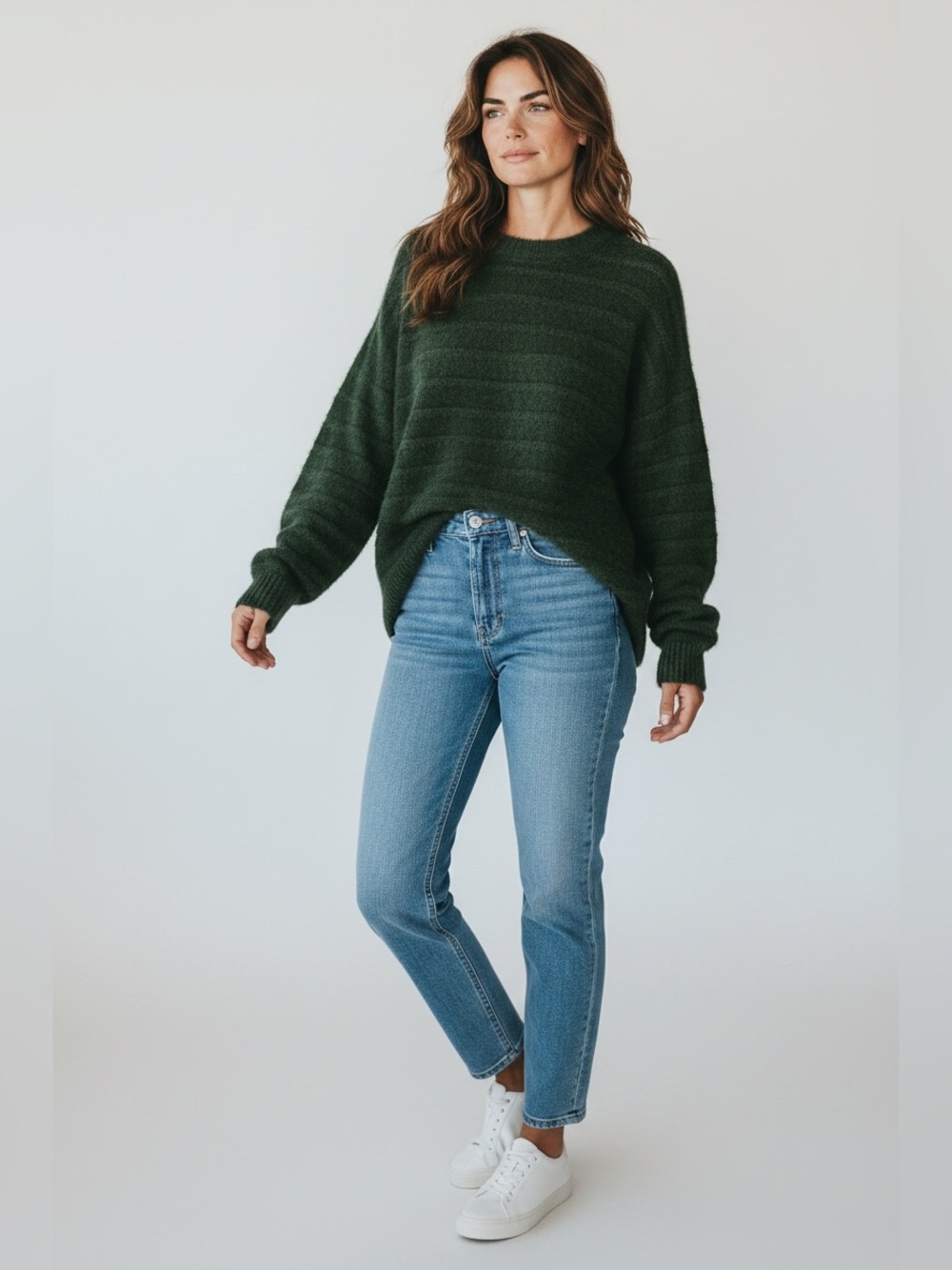 Cyrus Forest Green Fuzzy Eyelash Crewneck Knit Sweater Plaid Texture L